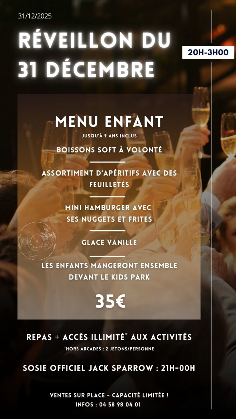 Menu enfant Jusqu'à 9 ans inclus Repas + activités en illimité* *Hors arcades : 2 jetons/personne Menu enfant : Boissons softs à volonté Assortiment d’apéritifs avec des feuilletés Mini hamburger avec ses nuggets et frites Glace vanille Les enfants mangeront ensemble devant le Kids Park, dans une ambiance conviviale.